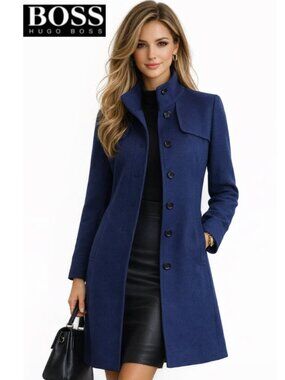 Hugo Boss Women’s Mibelli Blue Wool Cashmere Coat Size 10